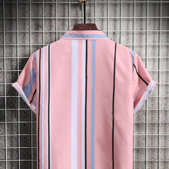 Pink Vacation Style Men's Random Block Striped Shirt - Picture 3 of 8